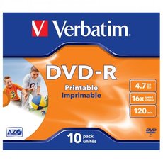 Verbatim DVD-R, Wide Inkjet Printable ID Brand, 43521, 4.7GB, 16x, jewel box, 10-pack, 12c