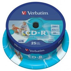 Verbatim CD-R, 43439, AZO Wide Inkjet Printable, 25-pack, 700MB, 52x, 80min., 12cm, spindle, pro arc