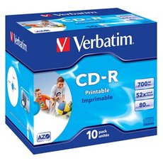 Verbatim CD-R, 43325, AZO Wide Inkjet Printable, 10-pack, 700MB, 52x, 80min., 12cm, jewel box, pro a