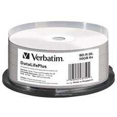 Verbatim BD-R, DL+ Wide Thermal Printable No Id Surface Hard Coat, 50GB, spindle, 43750, 6x, 25-pack