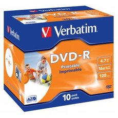 Verbatim DVD-R, Wide Inkjet Printable ID Brand, 43521, 4.7GB, 16x, jewel box, 10-pack, 12cm, pro arc