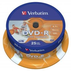 Verbatim DVD-R, Wide Inkjet Printable ID Brand, 43538, 4.7GB, 16x, spindle, 25-pack, 12cm, pro archi