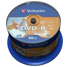 Verbatim DVD-R, Wide Inkjet Printable No ID Brand, 43533, 4.7GB, 16x, spindle, 50-pack, 12cm, pro ar