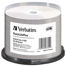 Verbatim DVD-R, DataLifePlus Wide Thermal Printable - No ID Brand, 43755, 4.7GB, 16x, spindle, 50-pa