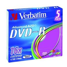 Verbatim DVD-R, Colour, 43557, 4.7GB, 16x, slim box, 5-pack, bez monosti potisku, 12cm, pro archiva