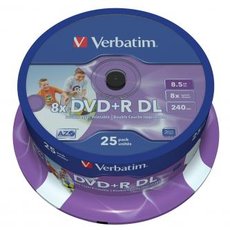Verbatim DVD+R DL, Double Layer Wide Inkjet Printable, 43667, 8.5GB, 8x, spindle, 25-pack, 12cm, pro