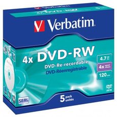 Verbatim DVD-RW, Matt Silver, 43285, 4.7GB, 4x, jewel box, 5-pack, bez monosti potisku, 12cm, pro a