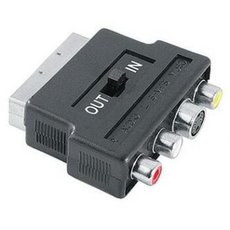 Video adaptr, SCART samec - 3x CINCH samice + S-Video samice, pepna IN/OUT, ern, Logo