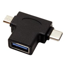 USB redukce, (2.0), USB A samice - microUSB samec + USB C samec, ern, plastic bag OTG