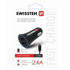 Adaptr do auta SWISSTEN 12W, 2 porty, USB-A, kabel microUSB