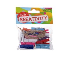 Kolíčky barevné 3,5 cm, 15ks + provázek      W026573