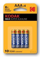 Baterie jednorzov alkalick, tukov, AAA, 1.5V, Kodak, blistr, 4-pack, KOD-LR3MAX, Alkaline Max