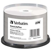 Verbatim DVD-R, DataLifePlus Wide Inkjetr Printable, 43744, 4.7GB, 16X, cake box, 50-pack, 12cm, pro
