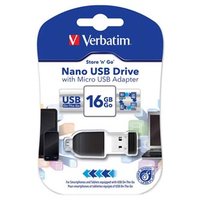 Verbatim USB flash disk, USB 2.0, 16GB, Nano, Store N Go, ern, 49821, USB A, s adaptrem USB Micro
