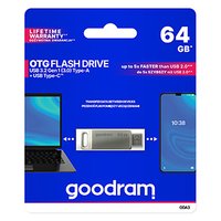 Goodram USB flash disk, USB 3.0, 64GB, ODA3, stbrn, ODA3-0640S0R11, USB A / USB C, s otonou kryt