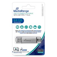 MediaRange USB flash disk, USB 3.0, 64GB, stbrn, MR937, USB A / USB C, s krytkou