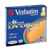 Verbatim DVD+RW, Colour, 43297, 4.7GB, 4x, slim box, 5-pack, bez možnosti potisku, 12cm, pro archiva